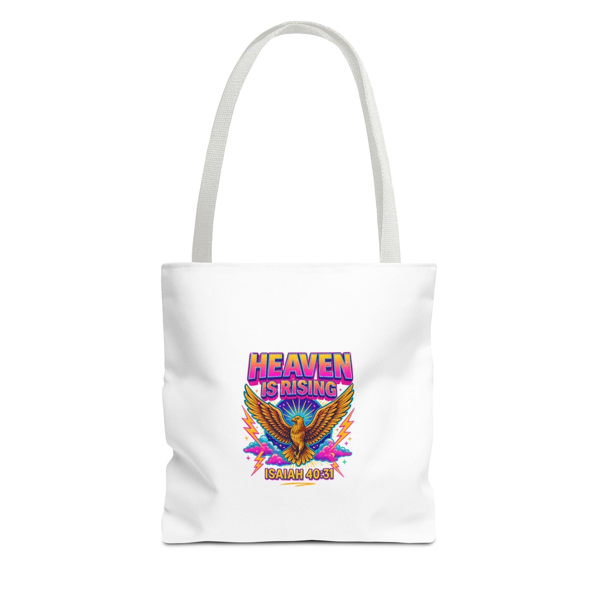 Heaven Is Rising Tote Bag — Colorful Religious Eagle Scripture Design (Isaiah 60:1)