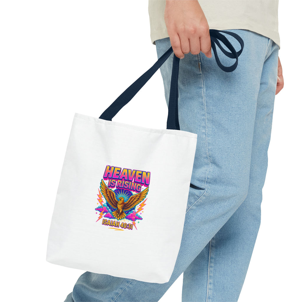 Heaven Is Rising Tote Bag — Colorful Religious Eagle Scripture Design (Isaiah 60:1)
