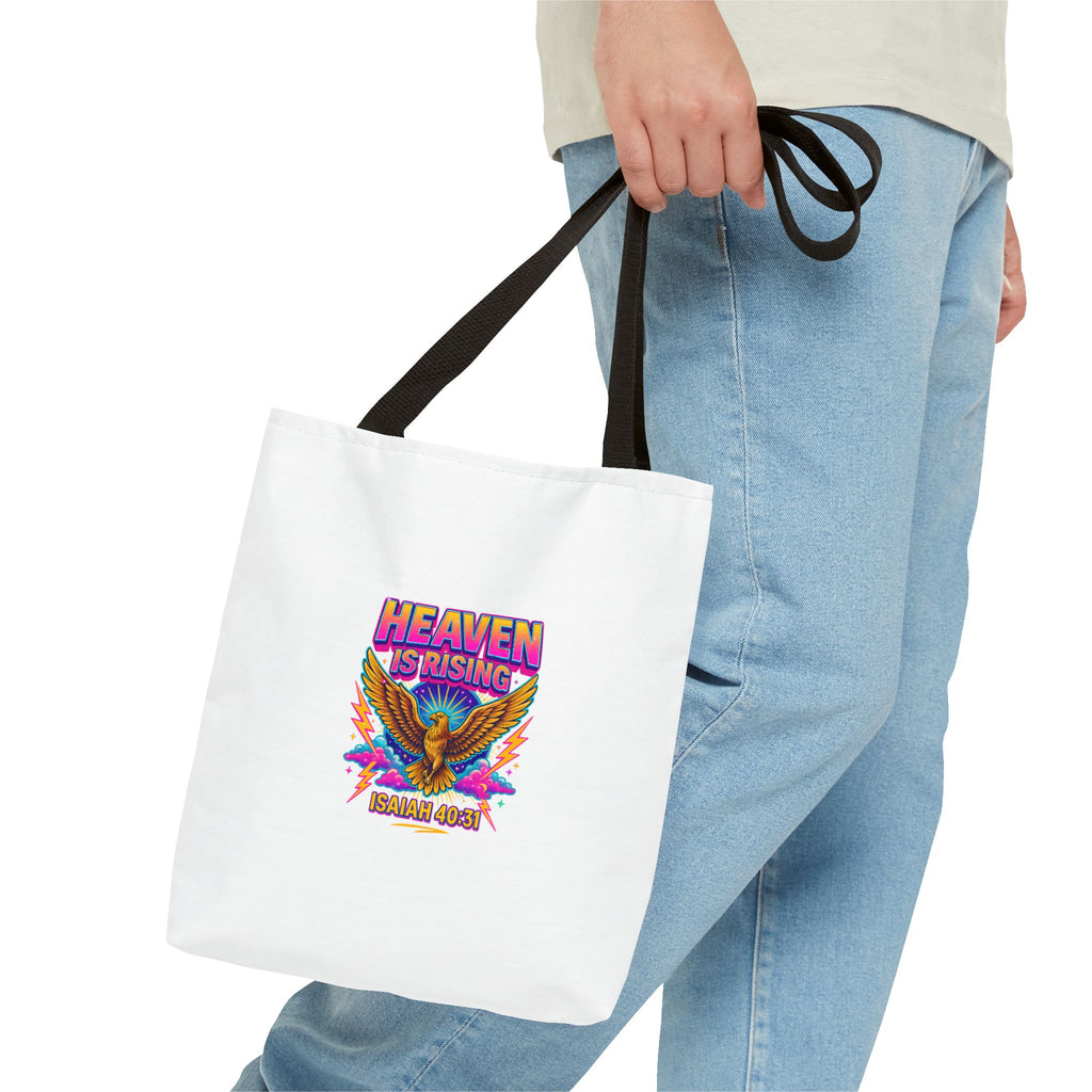 Heaven Is Rising Tote Bag — Colorful Religious Eagle Scripture Design (Isaiah 60:1)