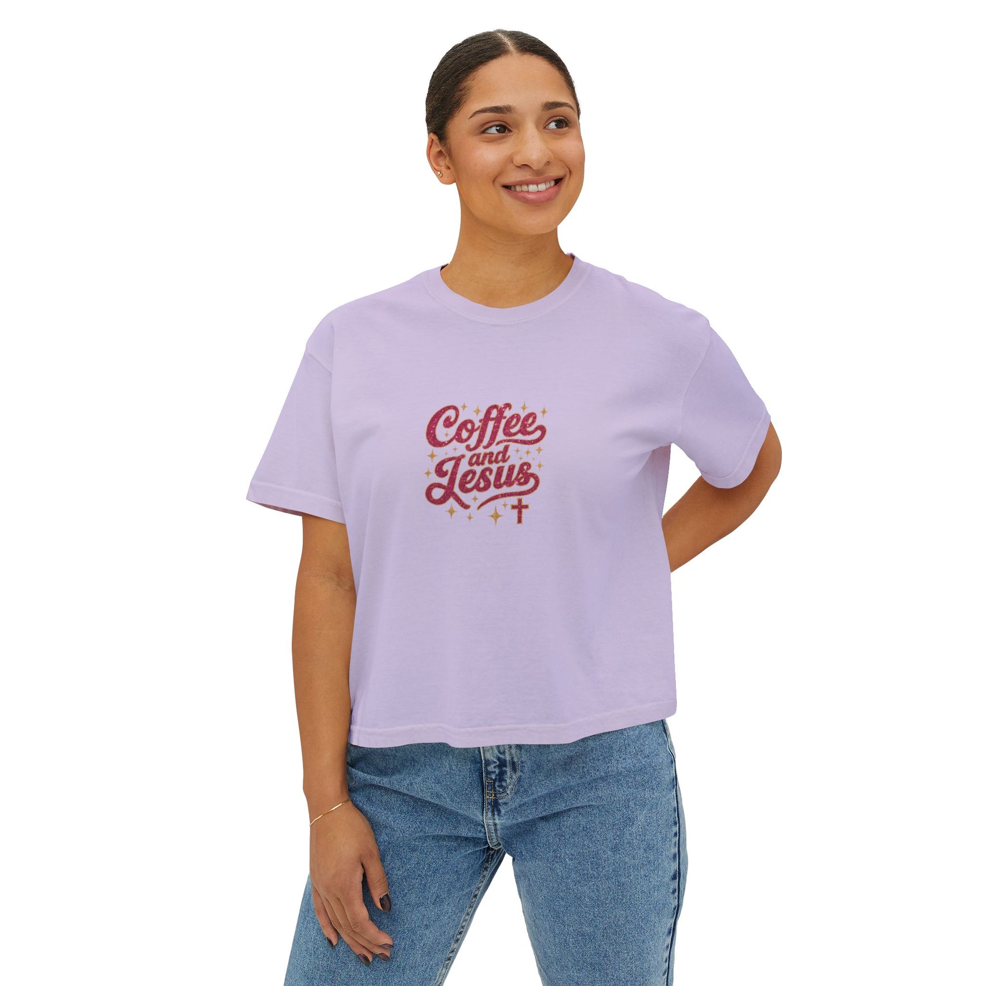 Coffee and Jesus Women's Boxy Tee — Christian Graphic Crop T-Shirt
