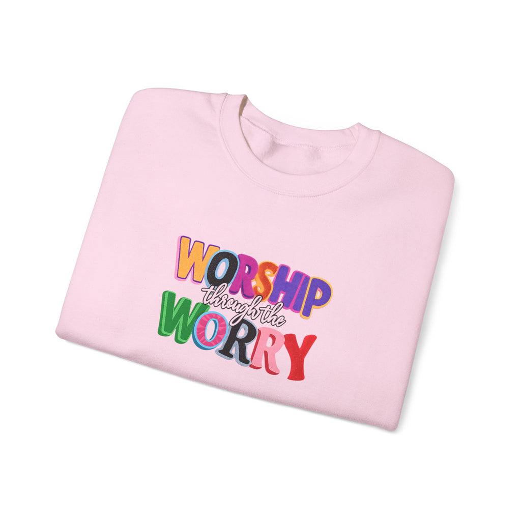 Inspirational 'Worship Not Worry' Crewneck Sweatshirt — Colorful Faith Graphic