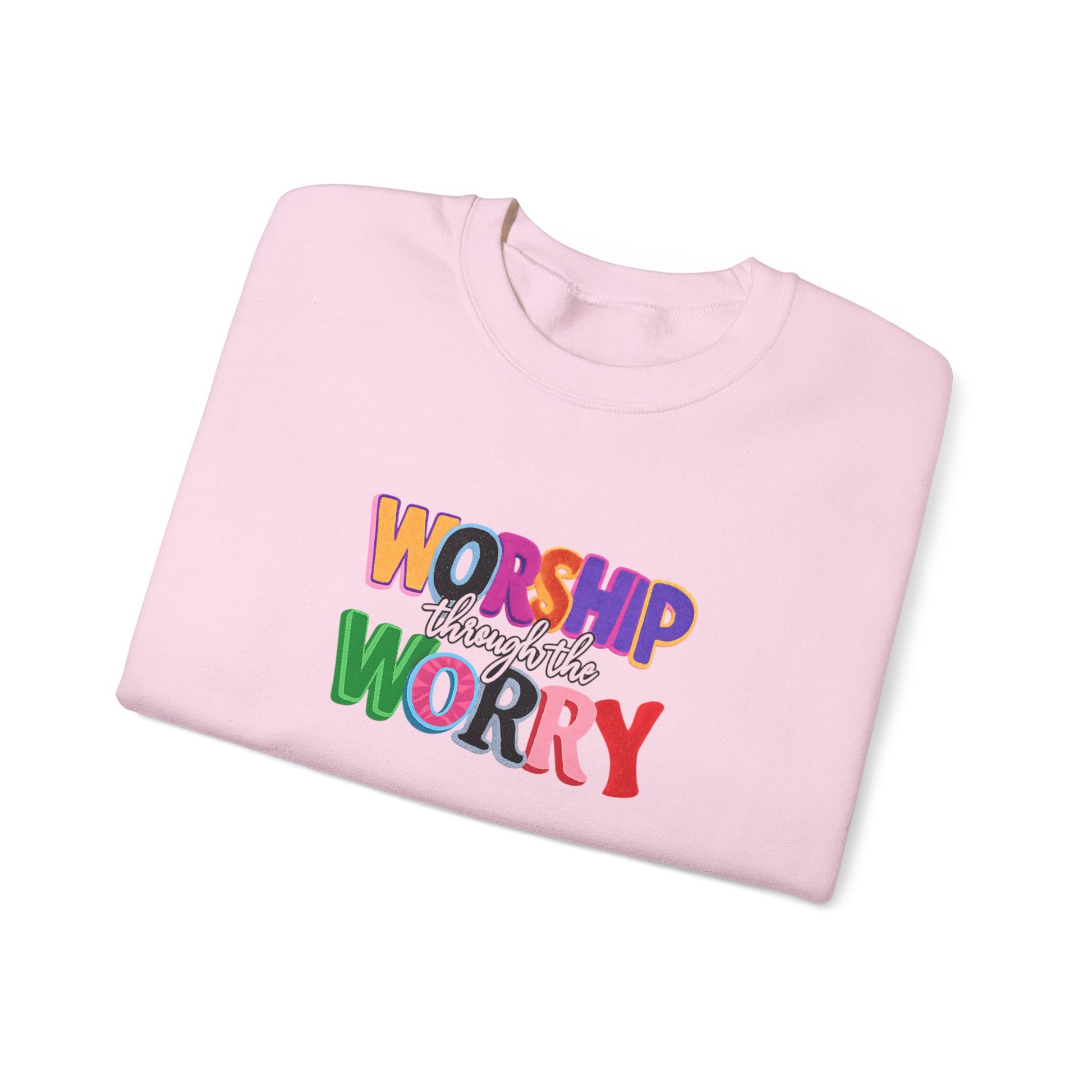 Inspirational 'Worship Not Worry' Crewneck Sweatshirt — Colorful Faith Graphic