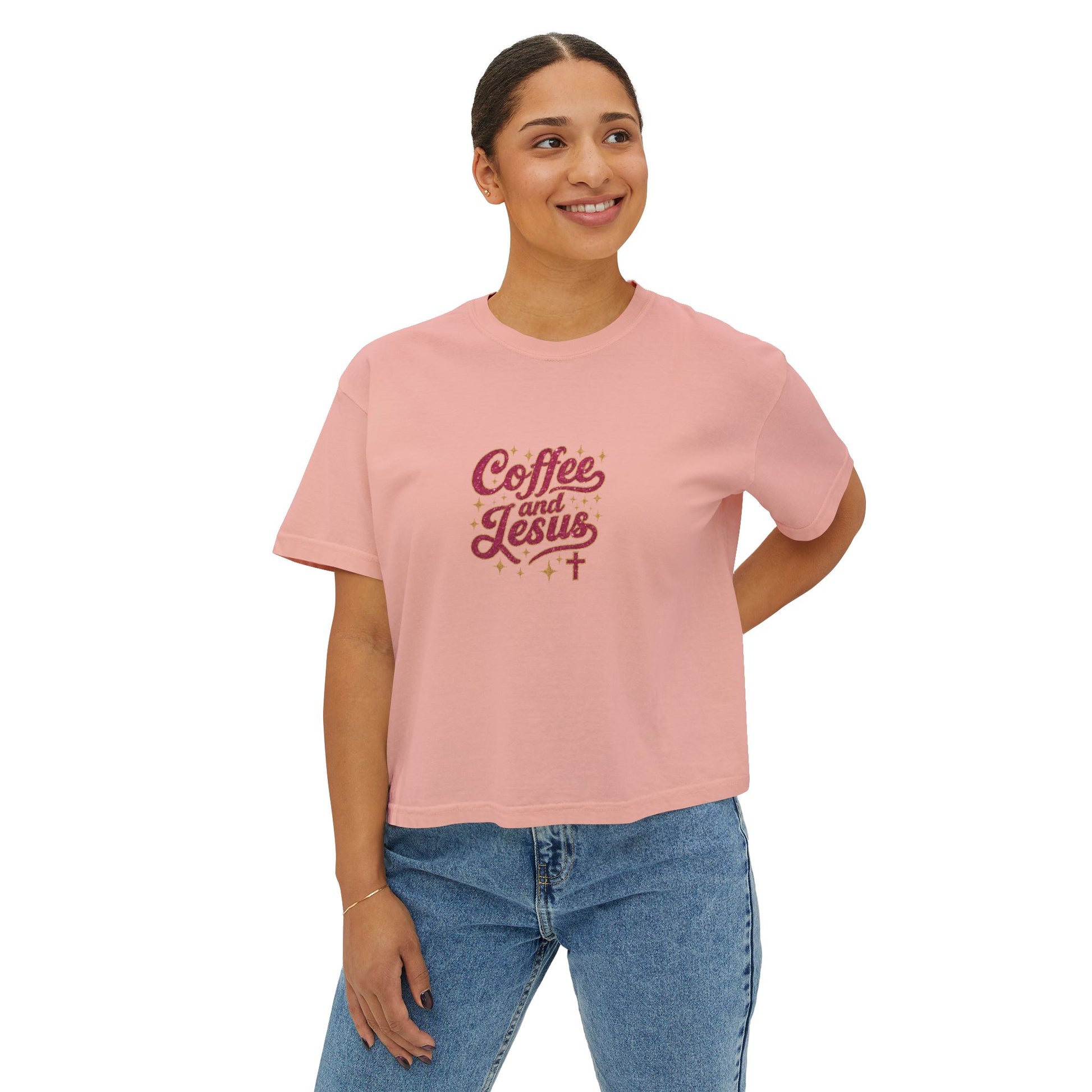 Coffee and Jesus Women's Boxy Tee — Christian Graphic Crop T-Shirt