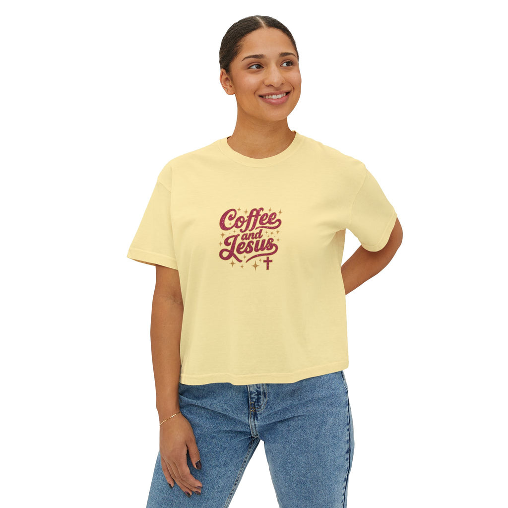 Coffee and Jesus Women's Boxy Tee — Christian Graphic Crop T-Shirt
