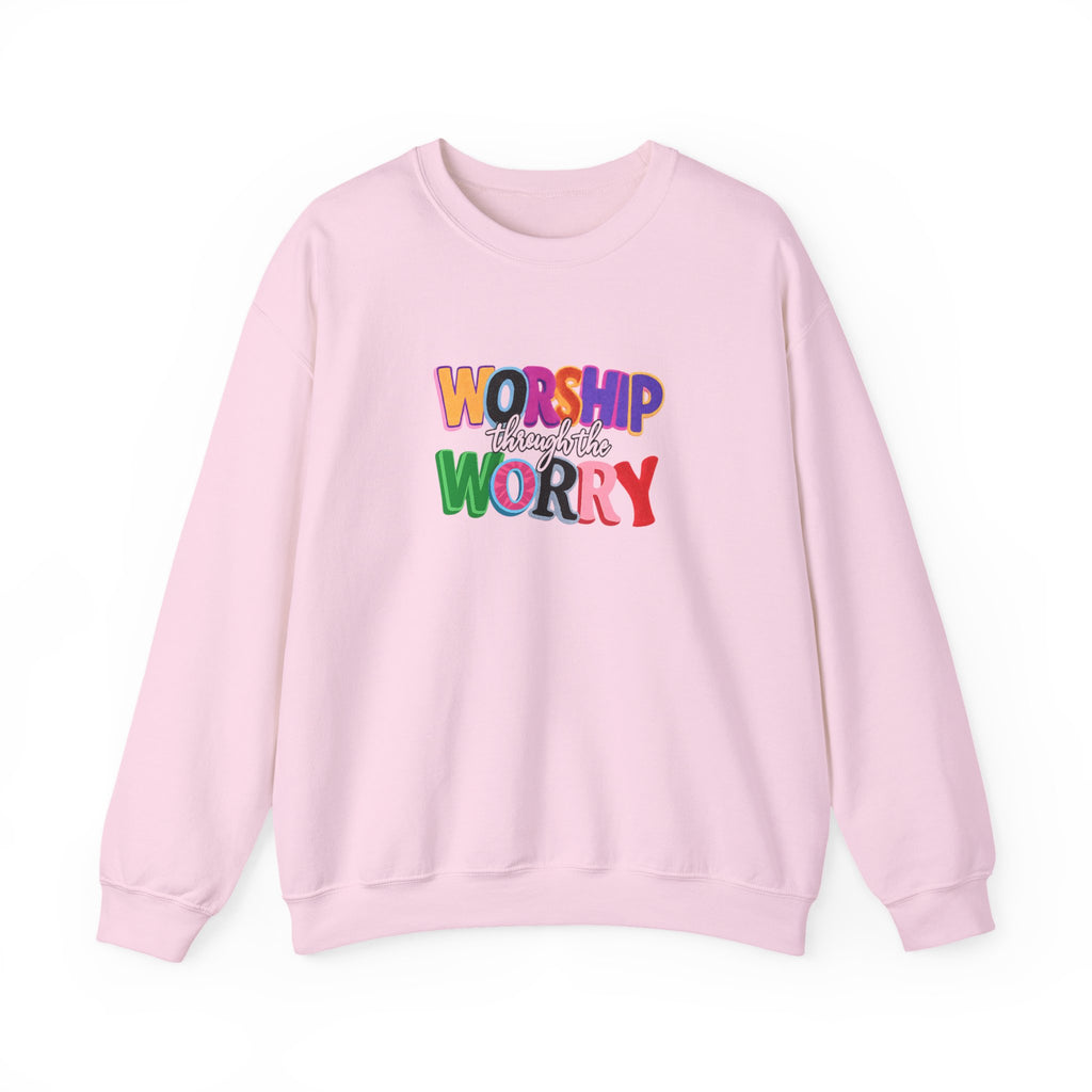Inspirational 'Worship Not Worry' Crewneck Sweatshirt — Colorful Faith Graphic