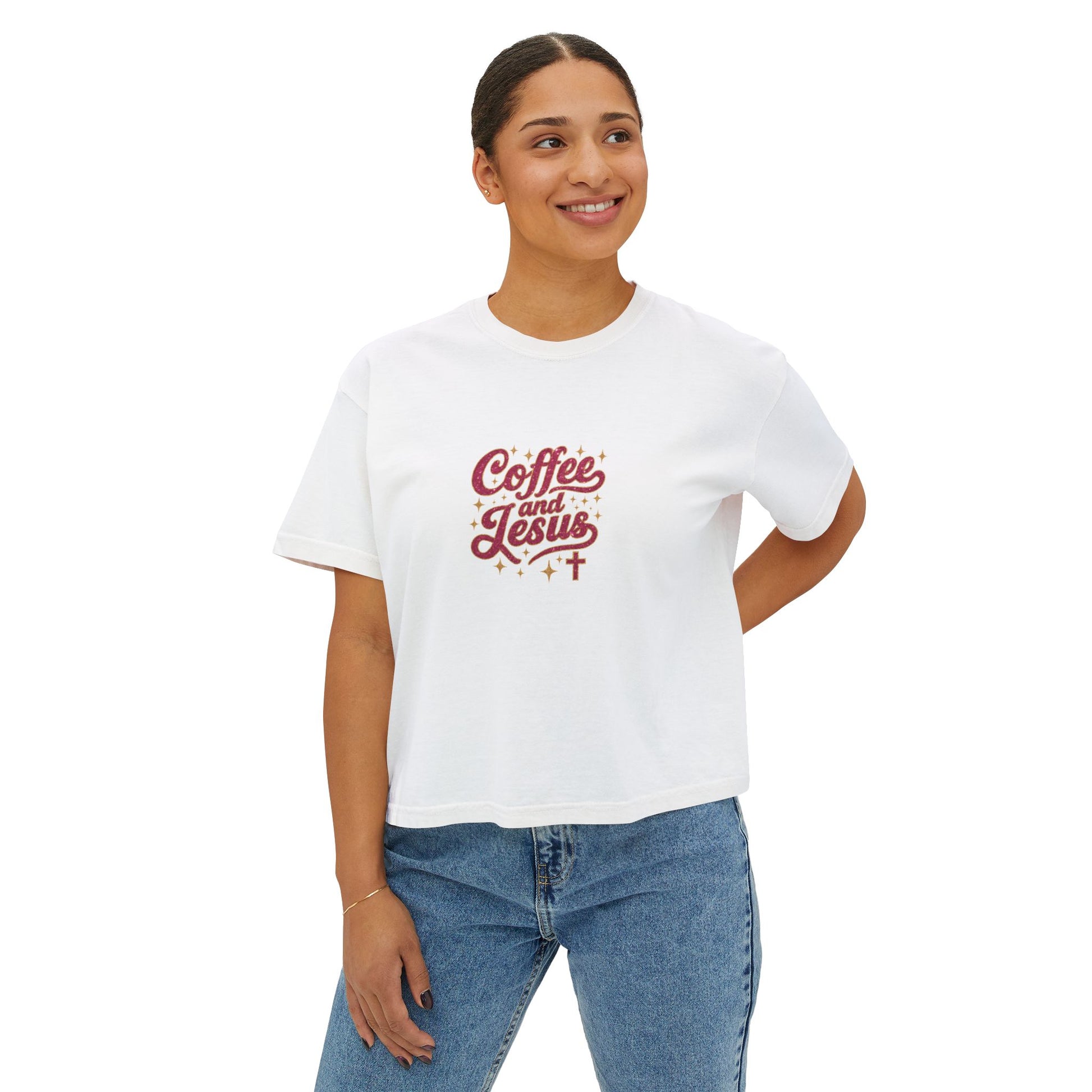 Coffee and Jesus Women's Boxy Tee — Christian Graphic Crop T-Shirt