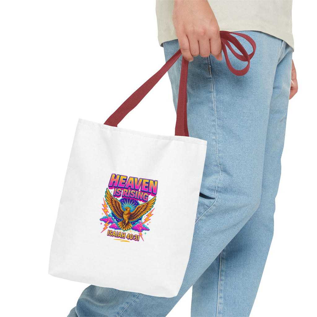 Heaven Is Rising Tote Bag — Colorful Religious Eagle Scripture Design (Isaiah 60:1)