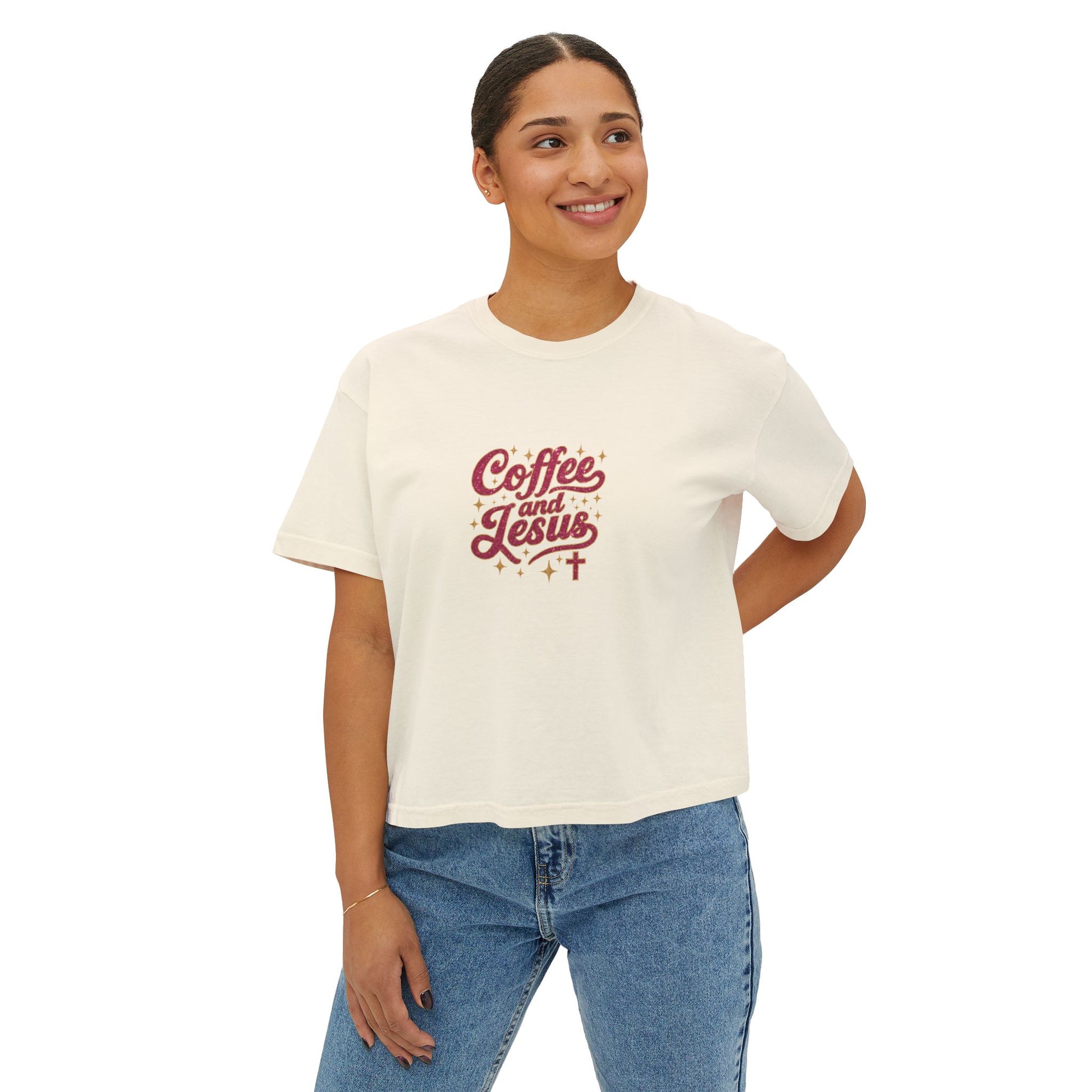 Coffee and Jesus Women's Boxy Tee — Christian Graphic Crop T-Shirt