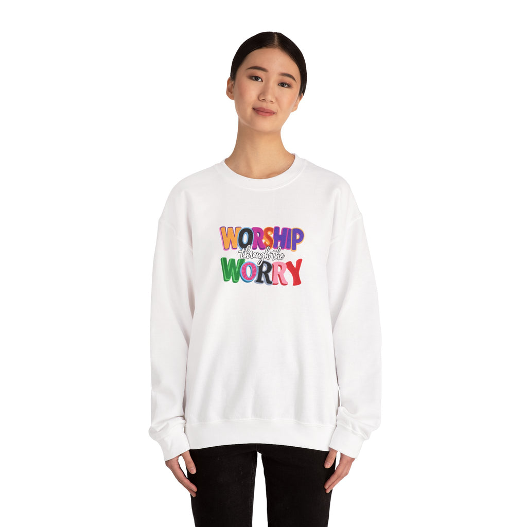 Inspirational 'Worship Not Worry' Crewneck Sweatshirt — Colorful Faith Graphic