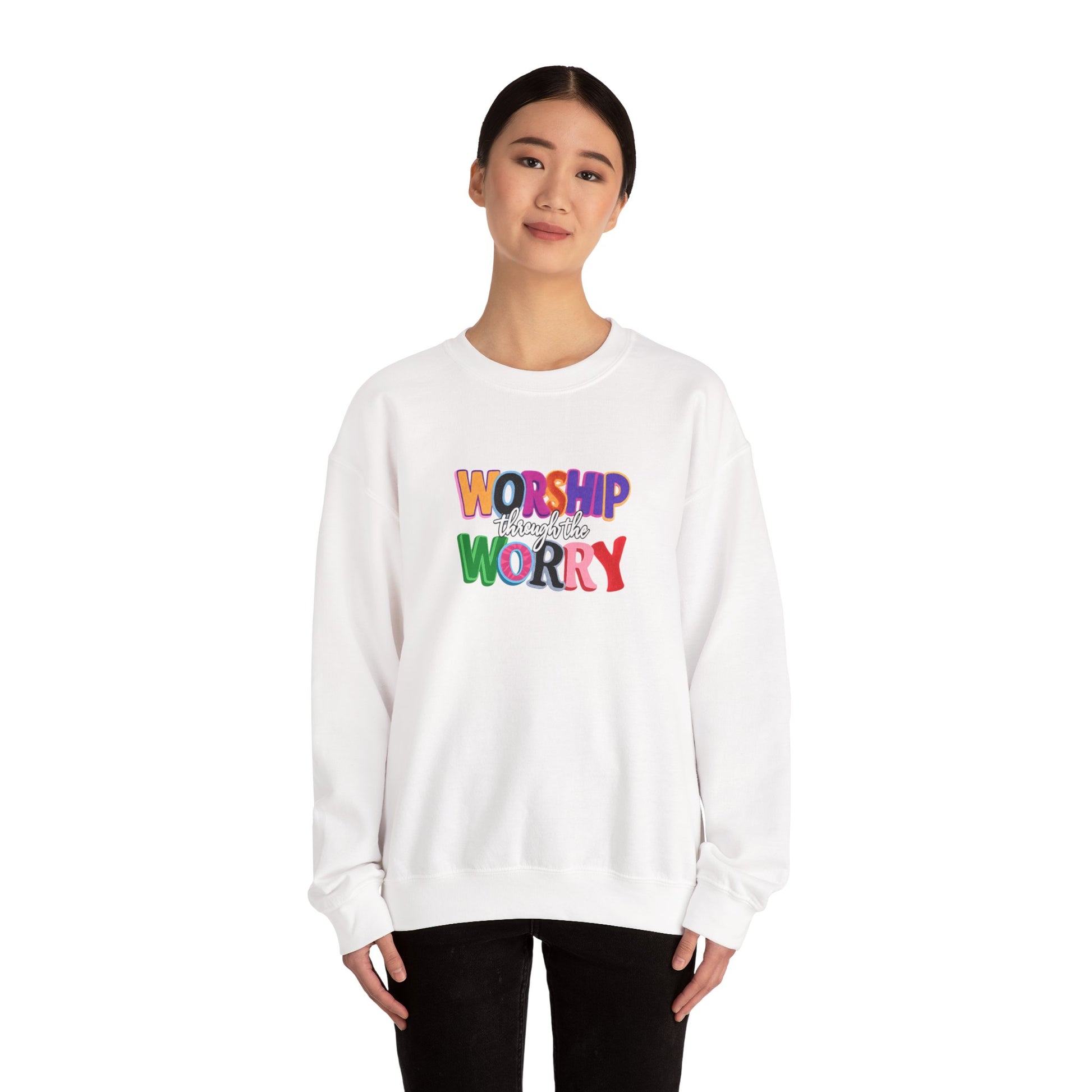 Inspirational 'Worship Not Worry' Crewneck Sweatshirt — Colorful Faith Graphic