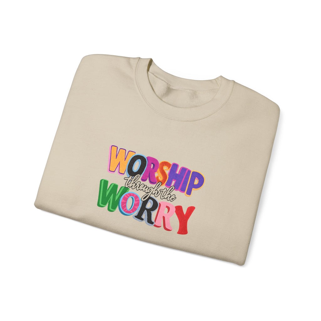 Inspirational 'Worship Not Worry' Crewneck Sweatshirt — Colorful Faith Graphic