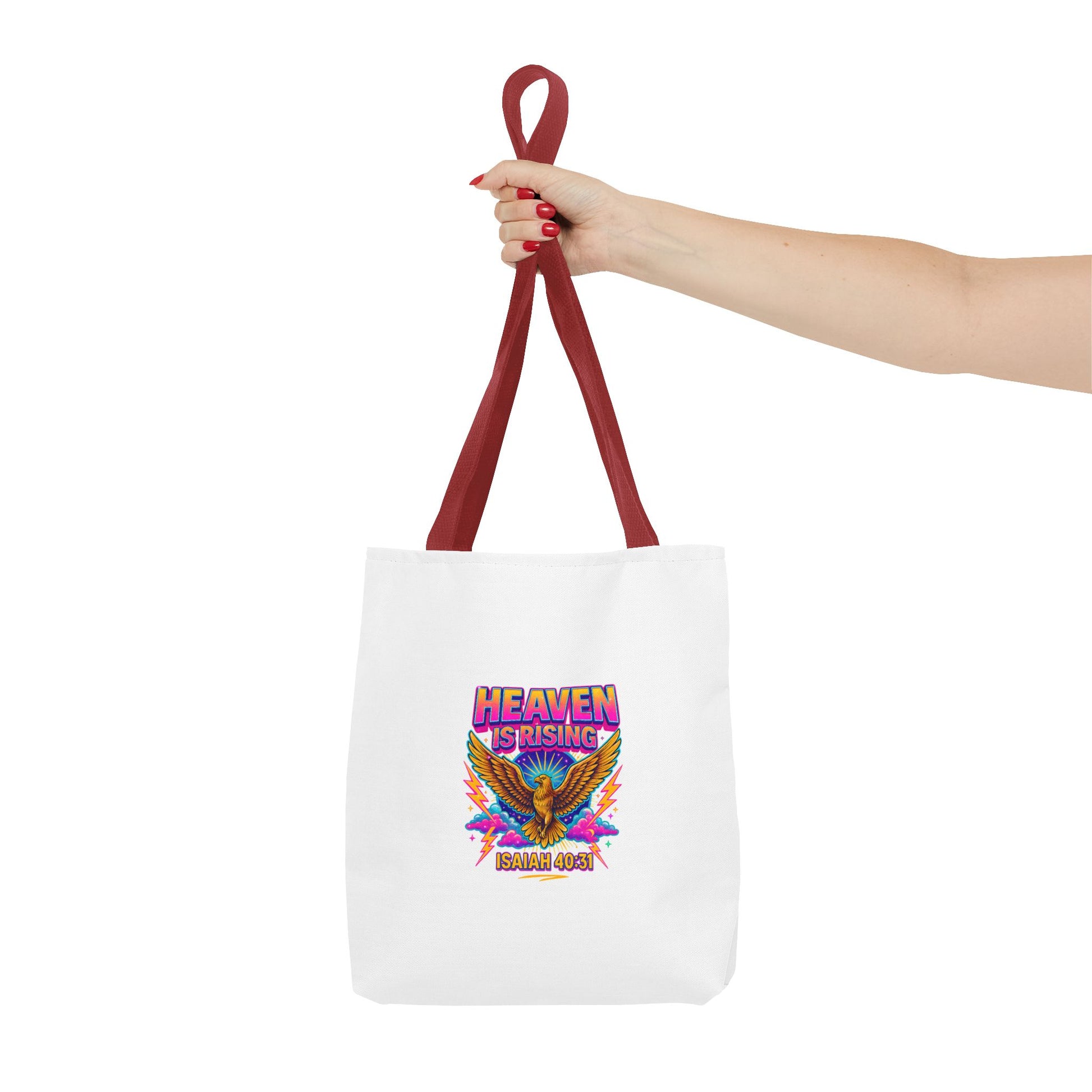 Heaven Is Rising Tote Bag — Colorful Religious Eagle Scripture Design (Isaiah 60:1)