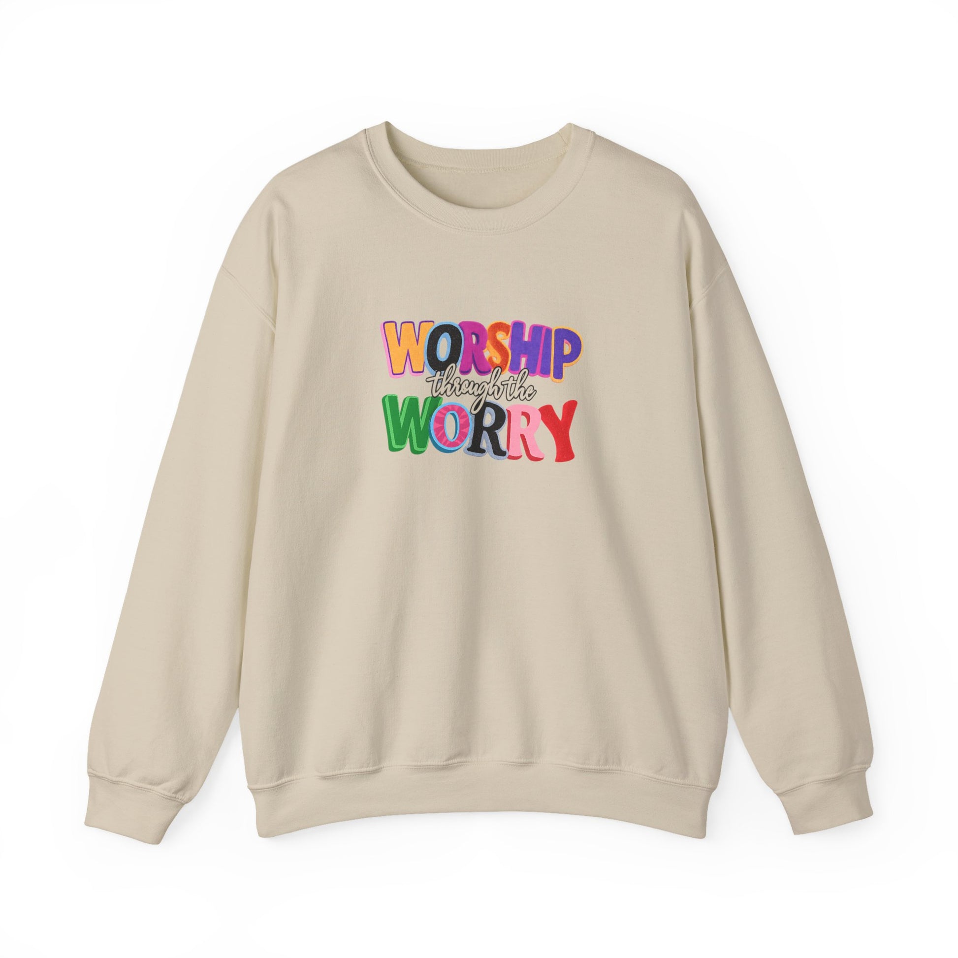 Inspirational 'Worship Not Worry' Crewneck Sweatshirt — Colorful Faith Graphic