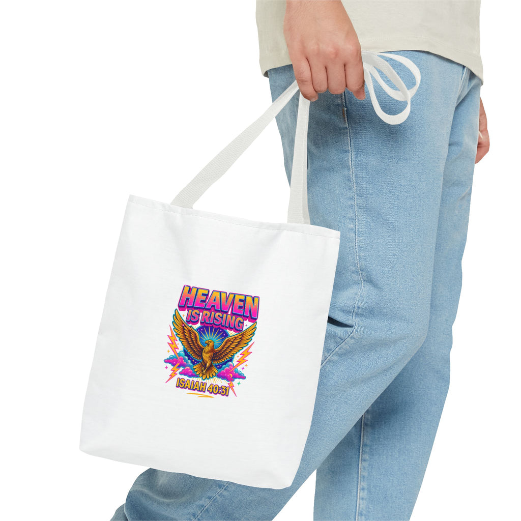 Heaven Is Rising Tote Bag — Colorful Religious Eagle Scripture Design (Isaiah 60:1)