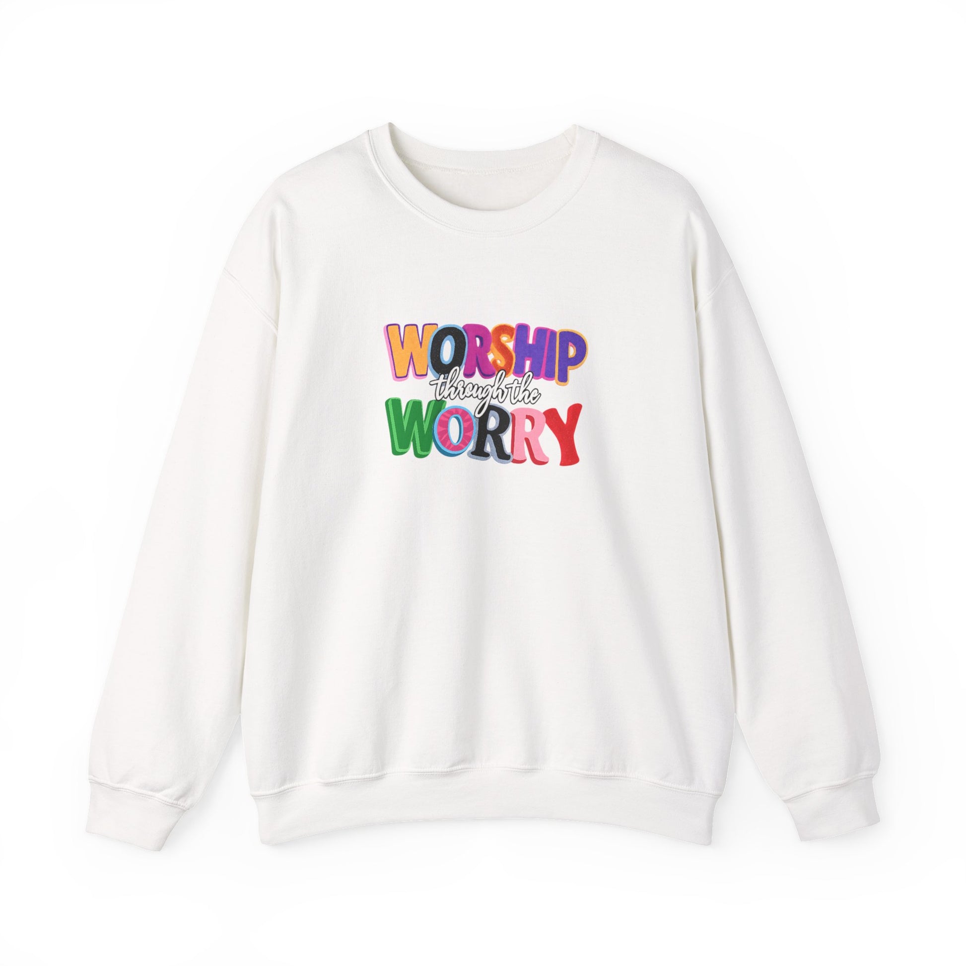 Inspirational 'Worship Not Worry' Crewneck Sweatshirt — Colorful Faith Graphic