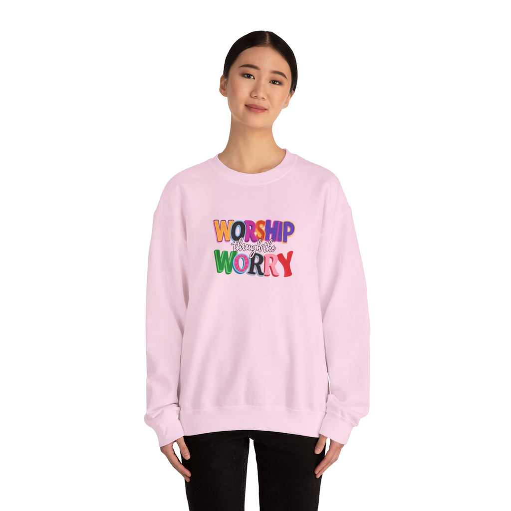 Inspirational 'Worship Not Worry' Crewneck Sweatshirt — Colorful Faith Graphic