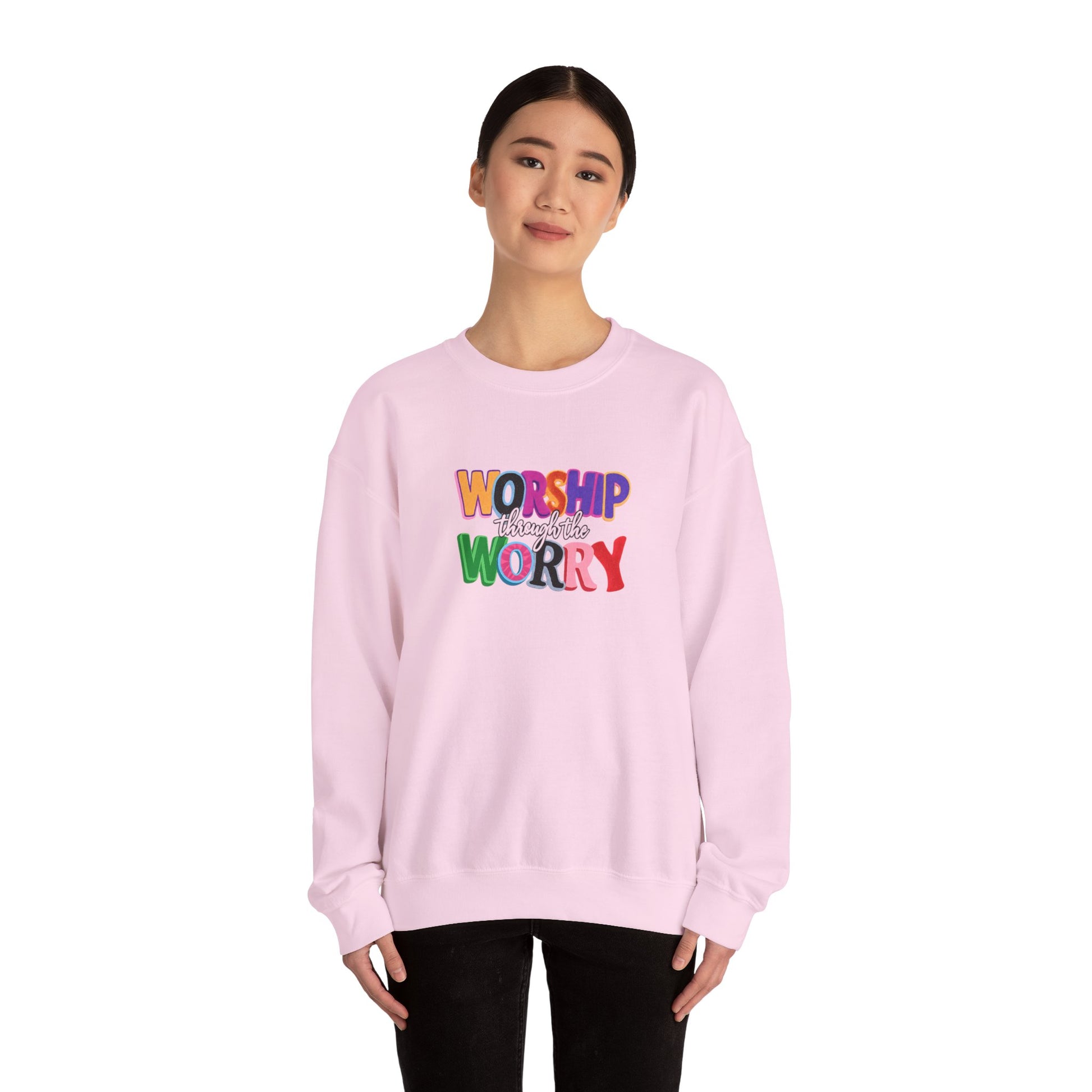 Inspirational 'Worship Not Worry' Crewneck Sweatshirt — Colorful Faith Graphic