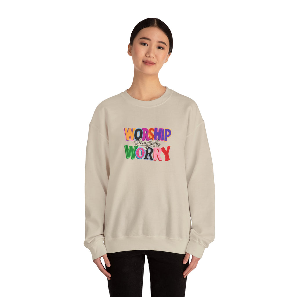 Inspirational 'Worship Not Worry' Crewneck Sweatshirt — Colorful Faith Graphic
