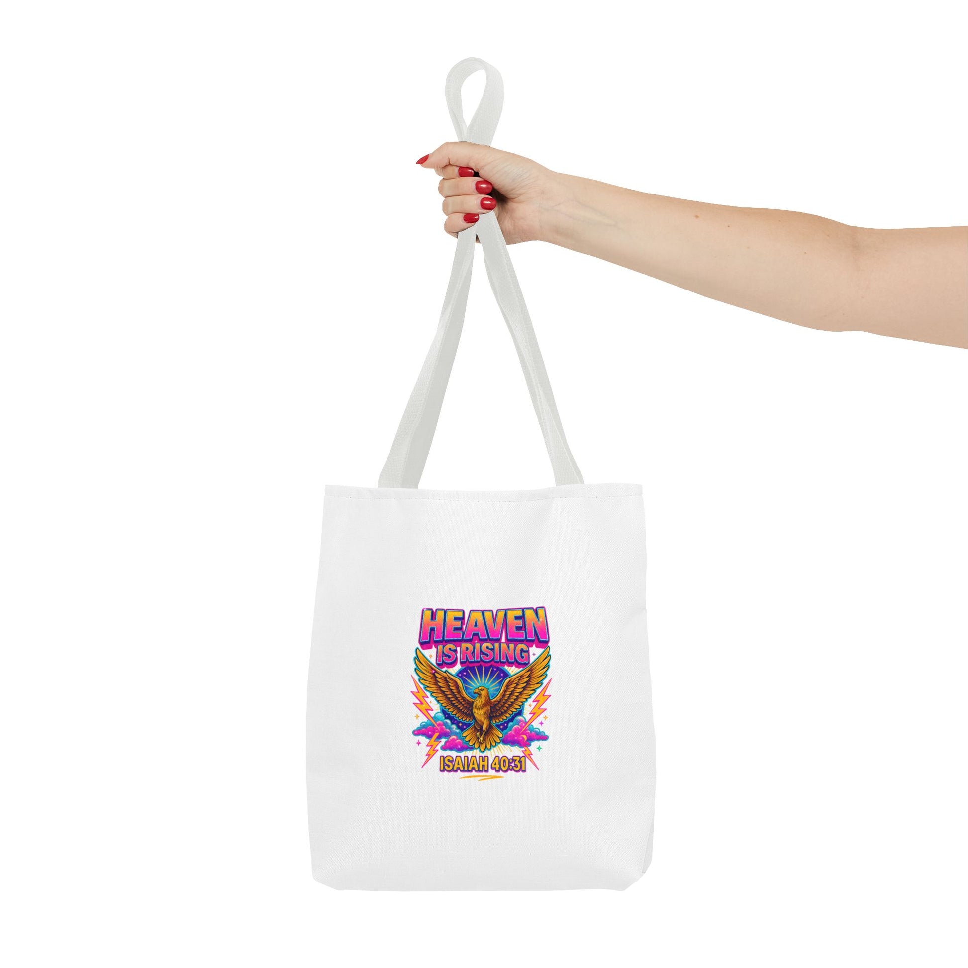 Heaven Is Rising Tote Bag — Colorful Religious Eagle Scripture Design (Isaiah 60:1)