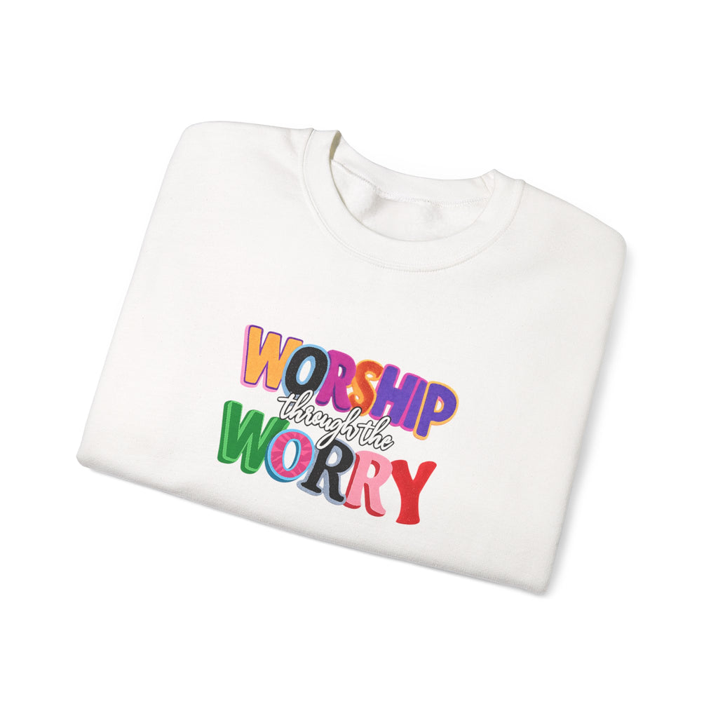 Inspirational 'Worship Not Worry' Crewneck Sweatshirt — Colorful Faith Graphic